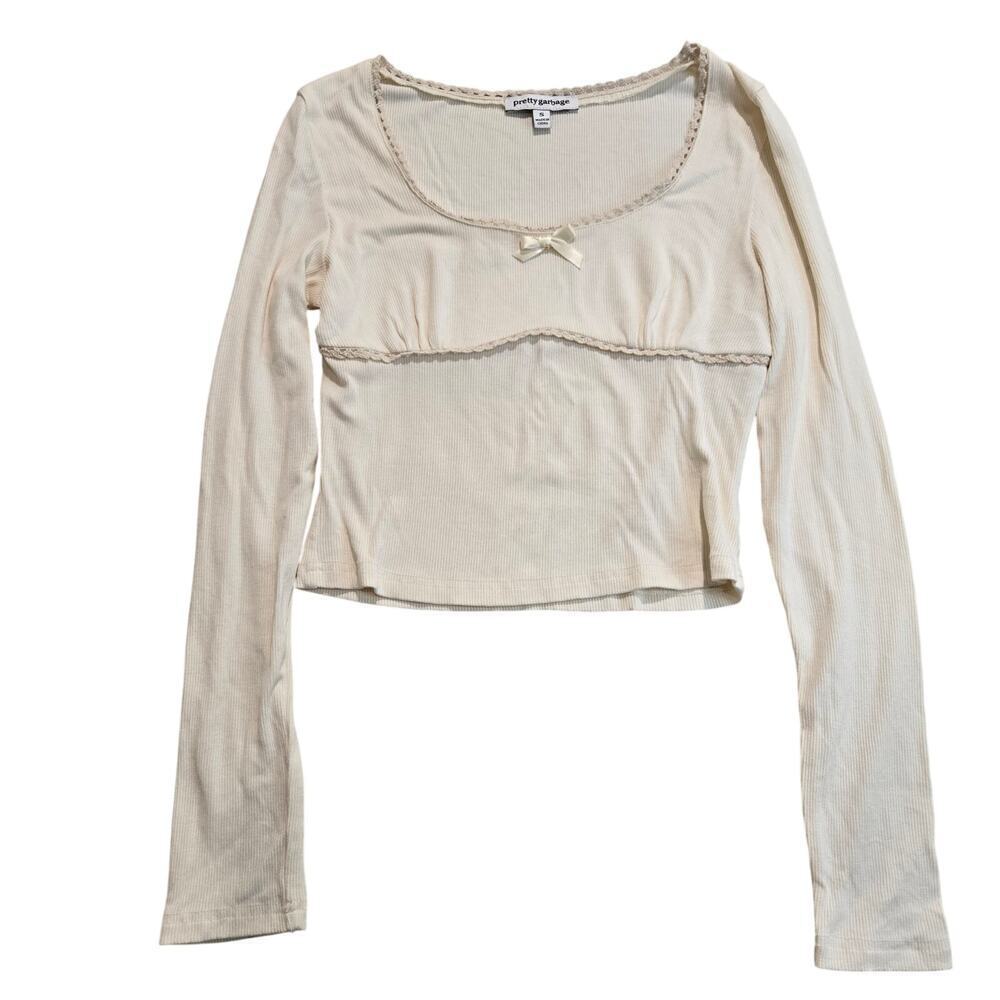 NEW Pretty Garbage Long Sleeve Ribbed Crop Top Scoop Neck Sz S New Preppy